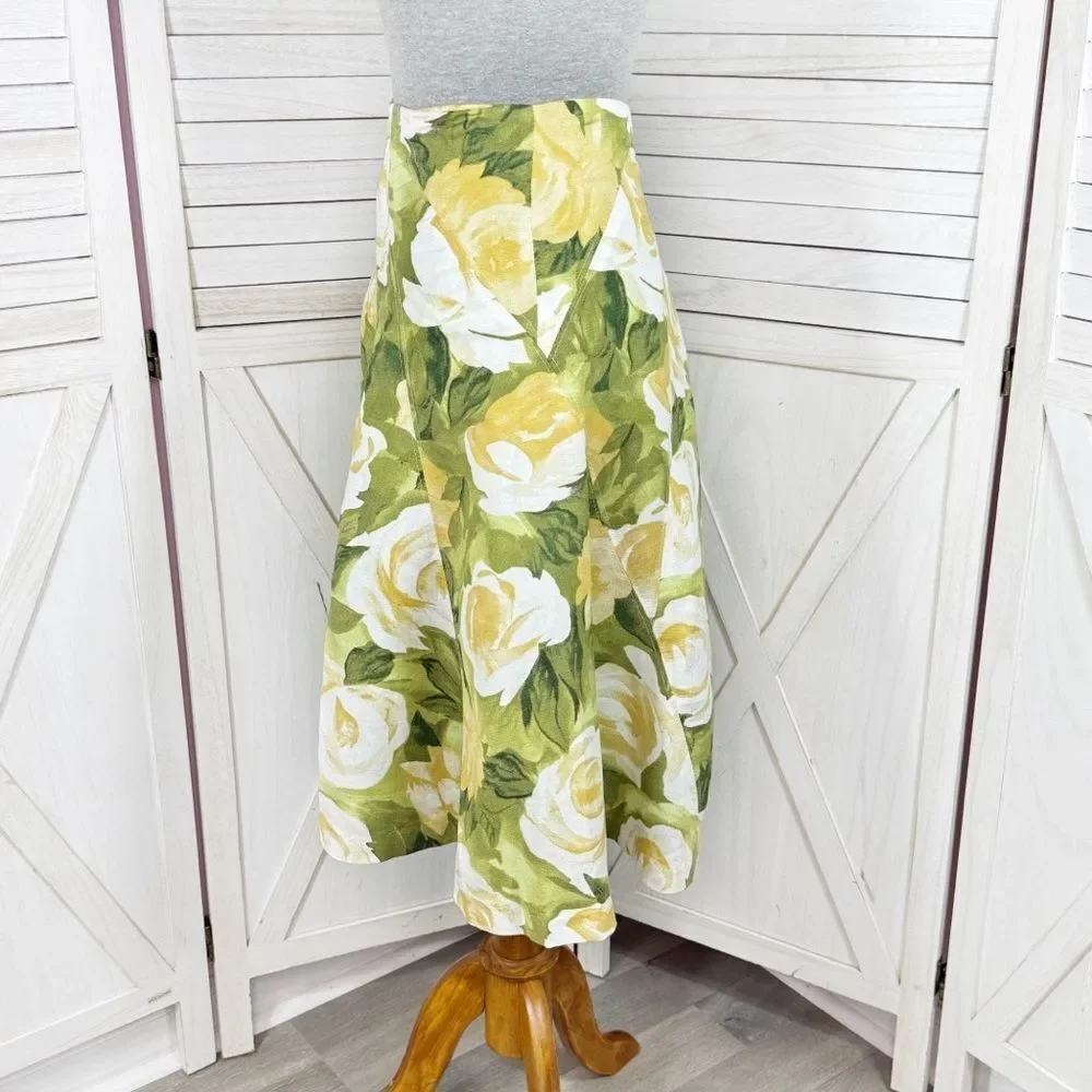 Premise Floral Roses Linen Blend A Line Flare Midi Skirt Lime Green Yellow 4‎